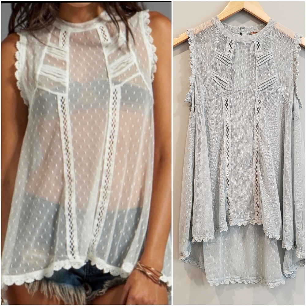 FREE People Lace Tunic Hi-Lo Crochet Hem Blue/Grey Size XS "Fiona"